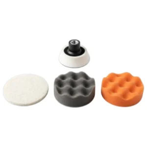 Kit de brillado 3 pulgadas mostrando backing plate 5/8, pomo de lana y pomos de espuma para detailing.