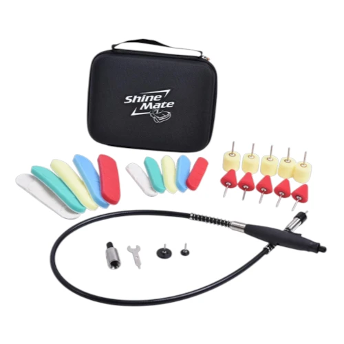 Kit mini pulidora eje flexible con rosca 5/8 y accesorios para detailing automotriz. ShineMate