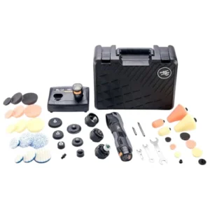 Kit pulidora inalámbrica EB210 ShineMate con accesorios y baterías para detailing automotriz.