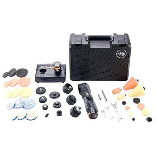Kit pulidora inalámbrica EB210 ShineMate con accesorios y baterías para detailing automotriz.