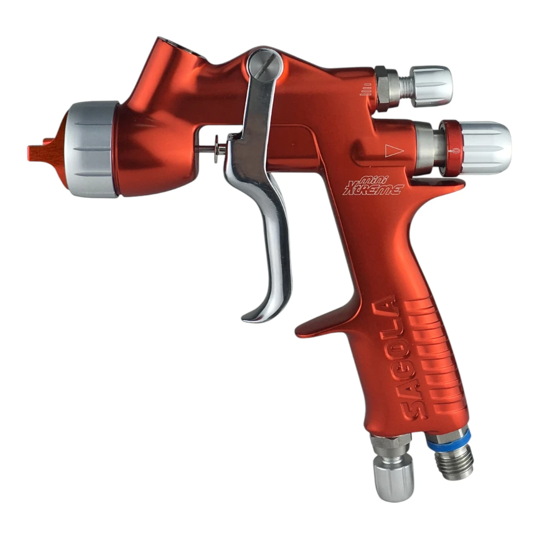 Pistola aerográfica compacta Sagola Mini Xtreme de aluminio forjado para acabados de precisión.